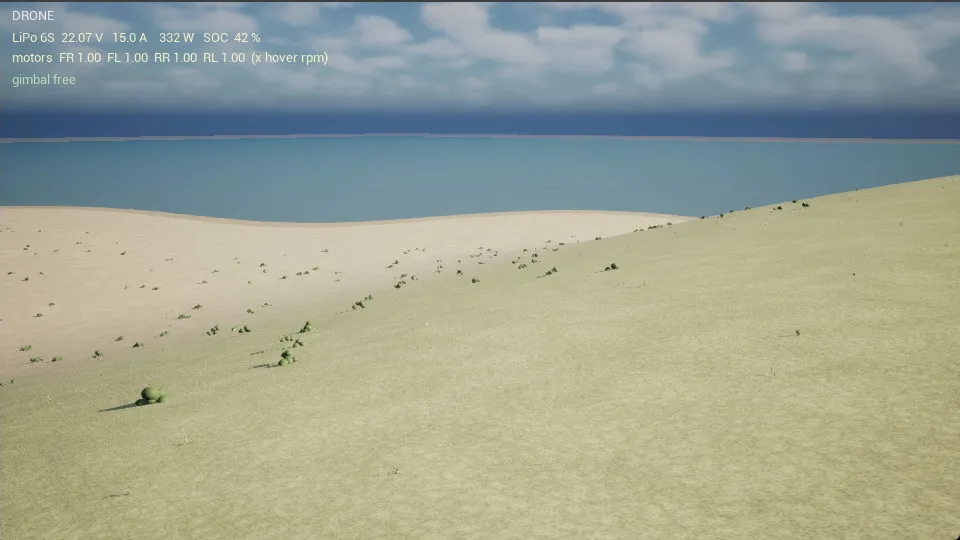 View from the drone during the slow circle on the dune crest, the sea in the background, HUD with battery state and hover rpm