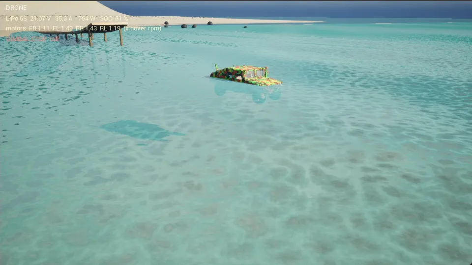 The lap around the sunk vehicle, from the drone: jetty and wreck in the shallow water