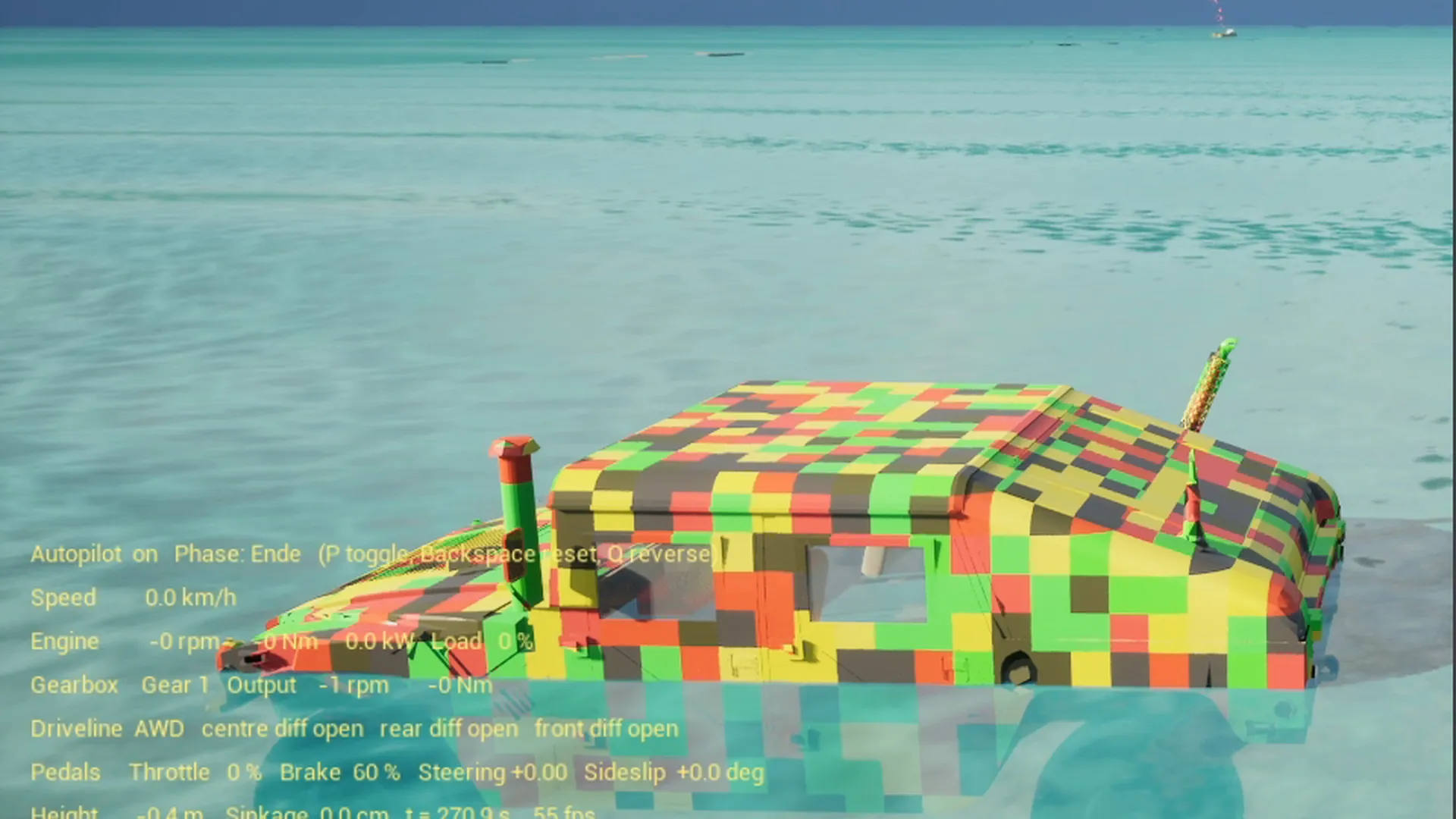 The vehicle sinks, the surface sound fades out with the roof